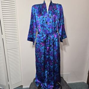 Vintage Blue Floral Long Kimono Robe